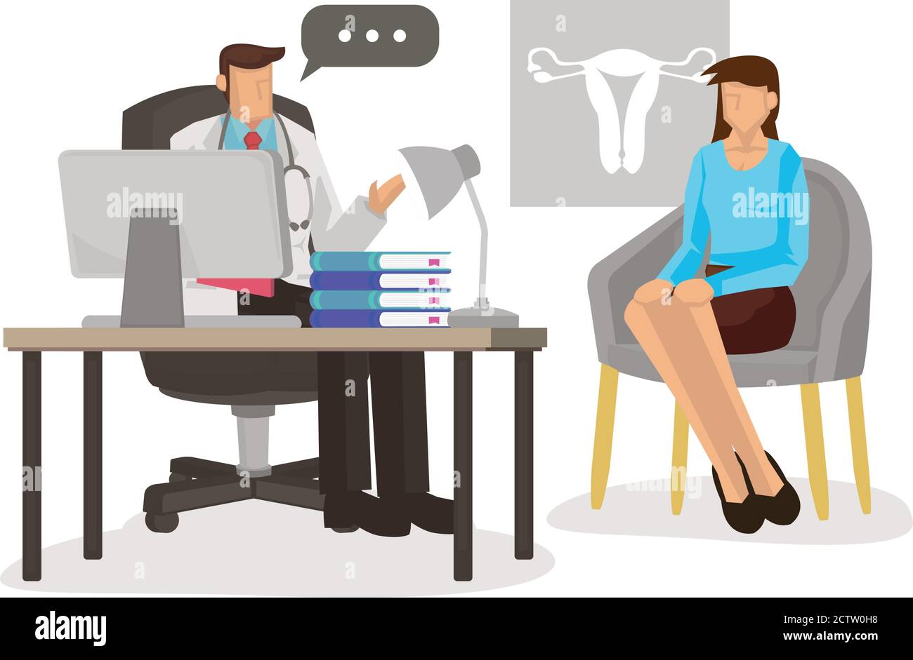 Medico ginecologo che consulta il paziente nella stanza dell'ospedale. Illustrazione vettoriale dei caratteri a fumetto piatto. Illustrazione Vettoriale