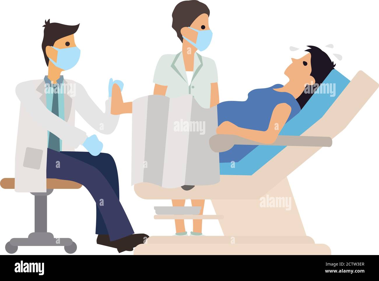 Medico e infermiere che aiutano una donna nel lavoro. Concetto di parto. Illustrazione vettoriale a carattere cartoon piatto isolata su sfondo bianco. Illustrazione Vettoriale