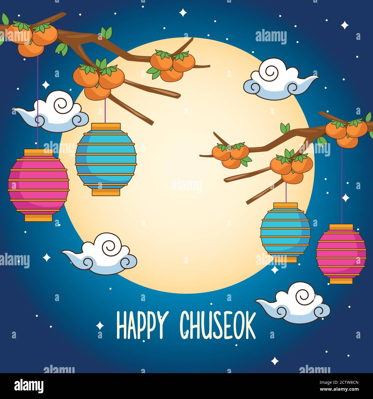 felice chuseok celebrazione con lanterne appese in arance vettore albero disegno dell'illustrazione Illustrazione Vettoriale