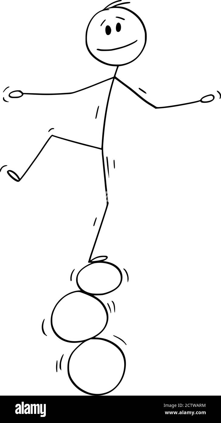 Figura del cartoon vettoriale disegno di illustrazione concettuale dell'equilibrio dell'uomo o dell'uomo d'affari su tre anelli, sfere o pietre. Illustrazione Vettoriale