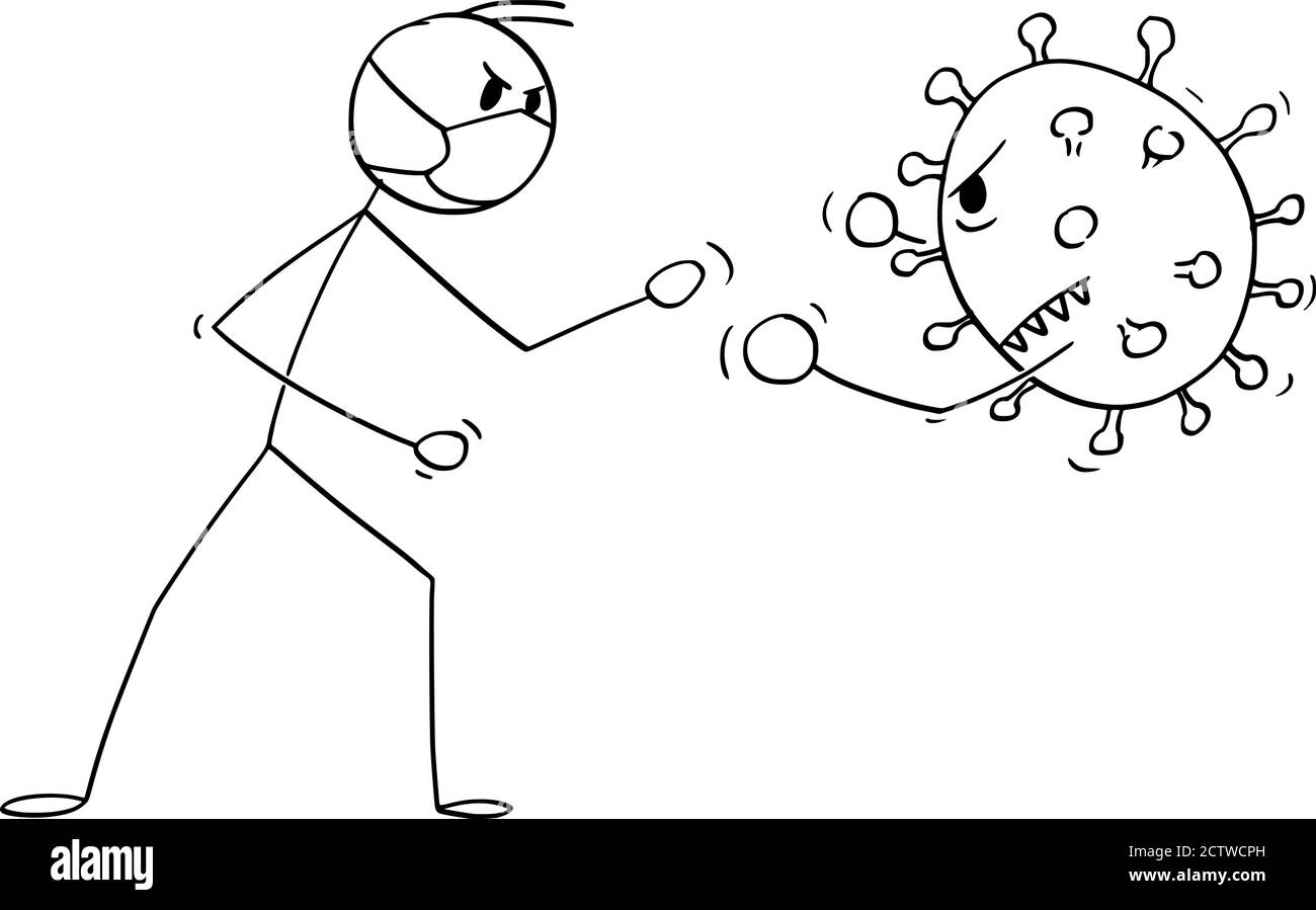 Disegno grafico vettoriale del cartoon illustrazione concettuale di uomo, medico, medico o boxer che indossa la maschera facciale e lotta con la malattia del virus del coronavirus covid-19. Illustrazione Vettoriale