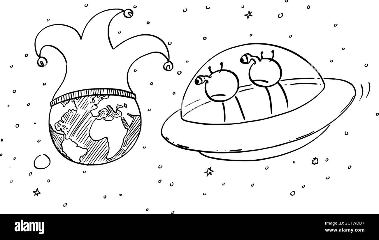 Figura del cartoon vettoriale disegno di illustrazione concettuale di due alieni divertenti in UFO o piattino volante guardando il pianeta Terra dallo spazio. Umana o umana follia o follia. Fumetto. Illustrazione Vettoriale