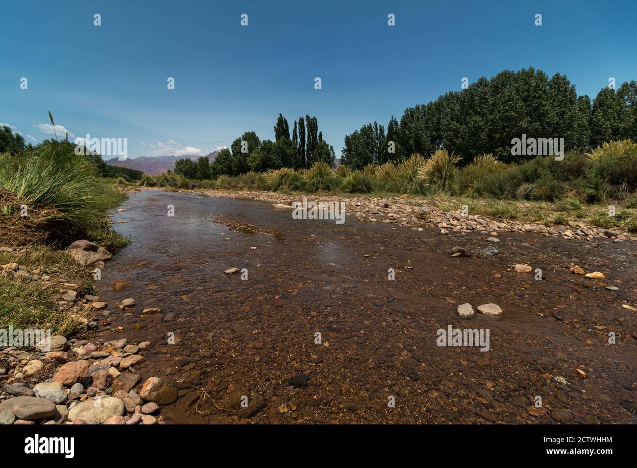Vista del fiume Uspallata in Uspallata, Mendoza, Argentina. Foto Stock