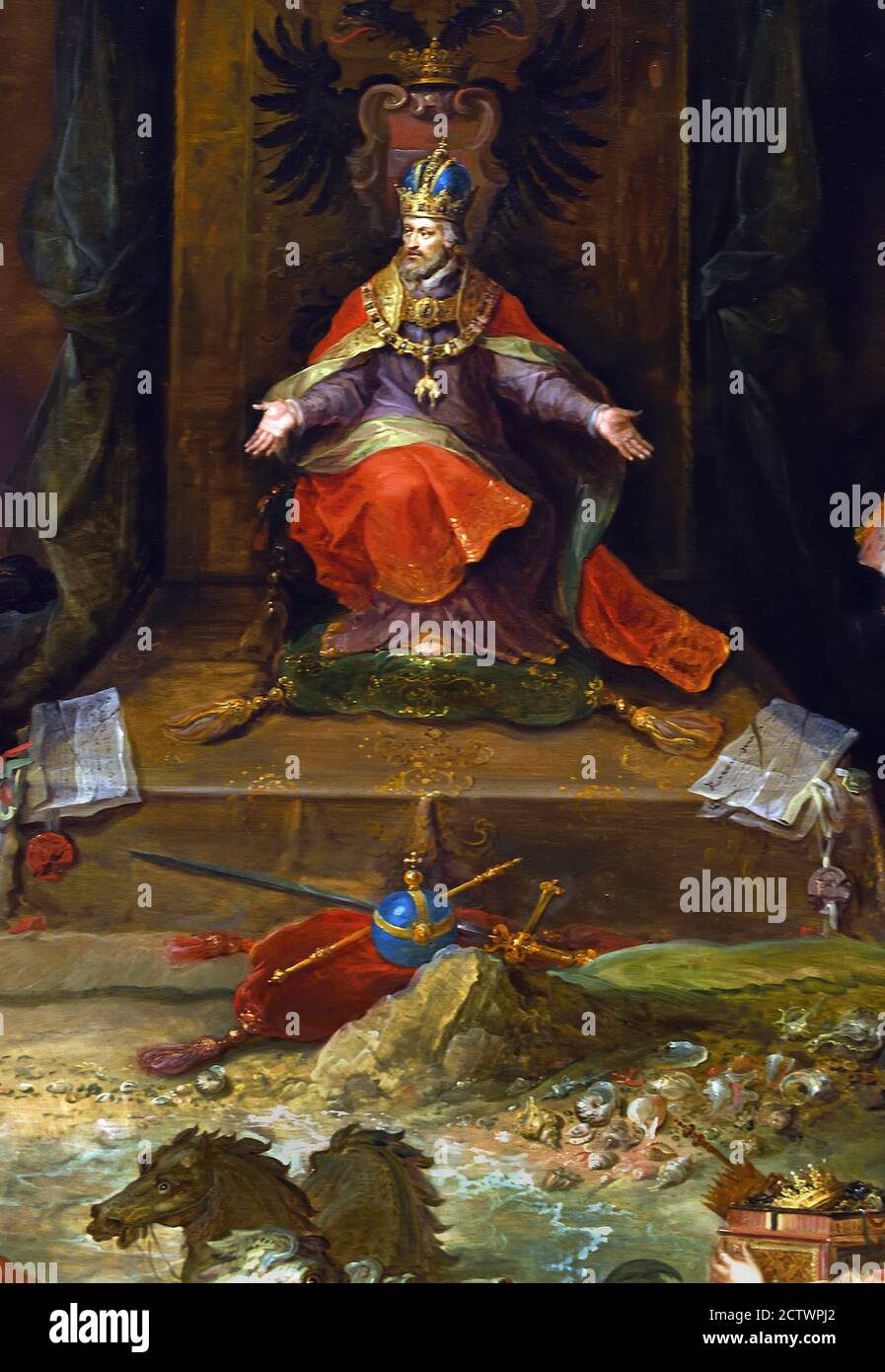 Allegoria dell'abdicazione dell'imperatore Carlo V Sacro Romano Impero 1630 Frans Francken II 1581-1642 Belga, Belgio, Fiammingo ( Carlo V è intronizzato al centro. Battaglia stanco e saccheggiato dalla malattia, nel 1555 divise il suo impero. ) Foto Stock