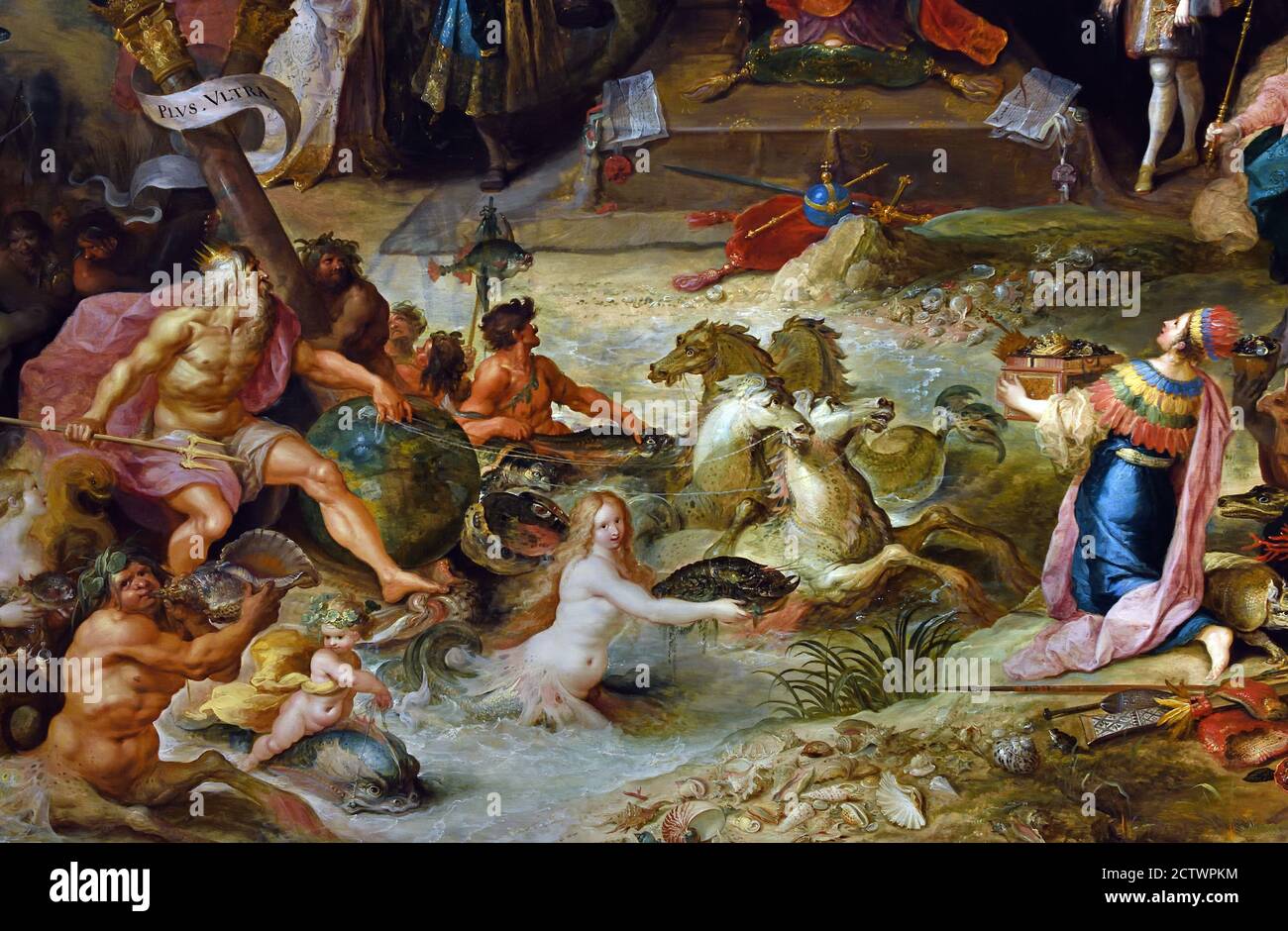 Allegoria dell'abdicazione dell'imperatore Carlo V Sacro Romano Impero 1630 Frans Francken II 1581-1642 Belga, Belgio, Fiammingo ( Carlo V è intronizzato al centro. Battaglia stanco e saccheggiato dalla malattia, nel 1555 divise il suo impero. ) Foto Stock