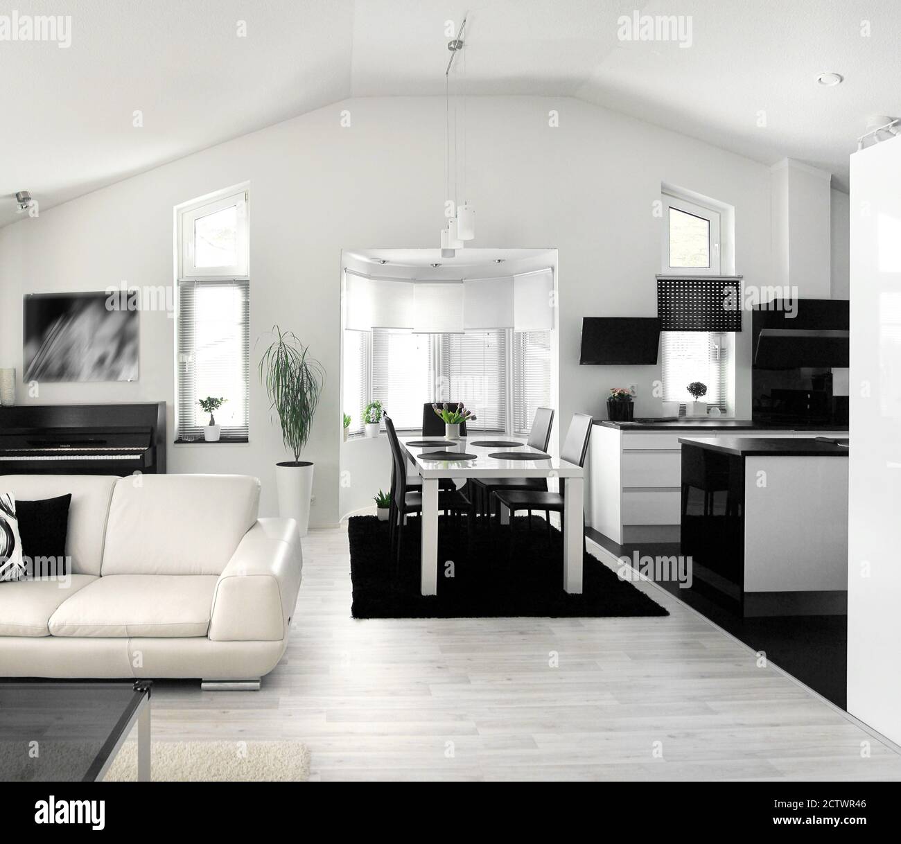 Moderno soggiorno bianco e nero cucina combinazione interni casa Foto Stock