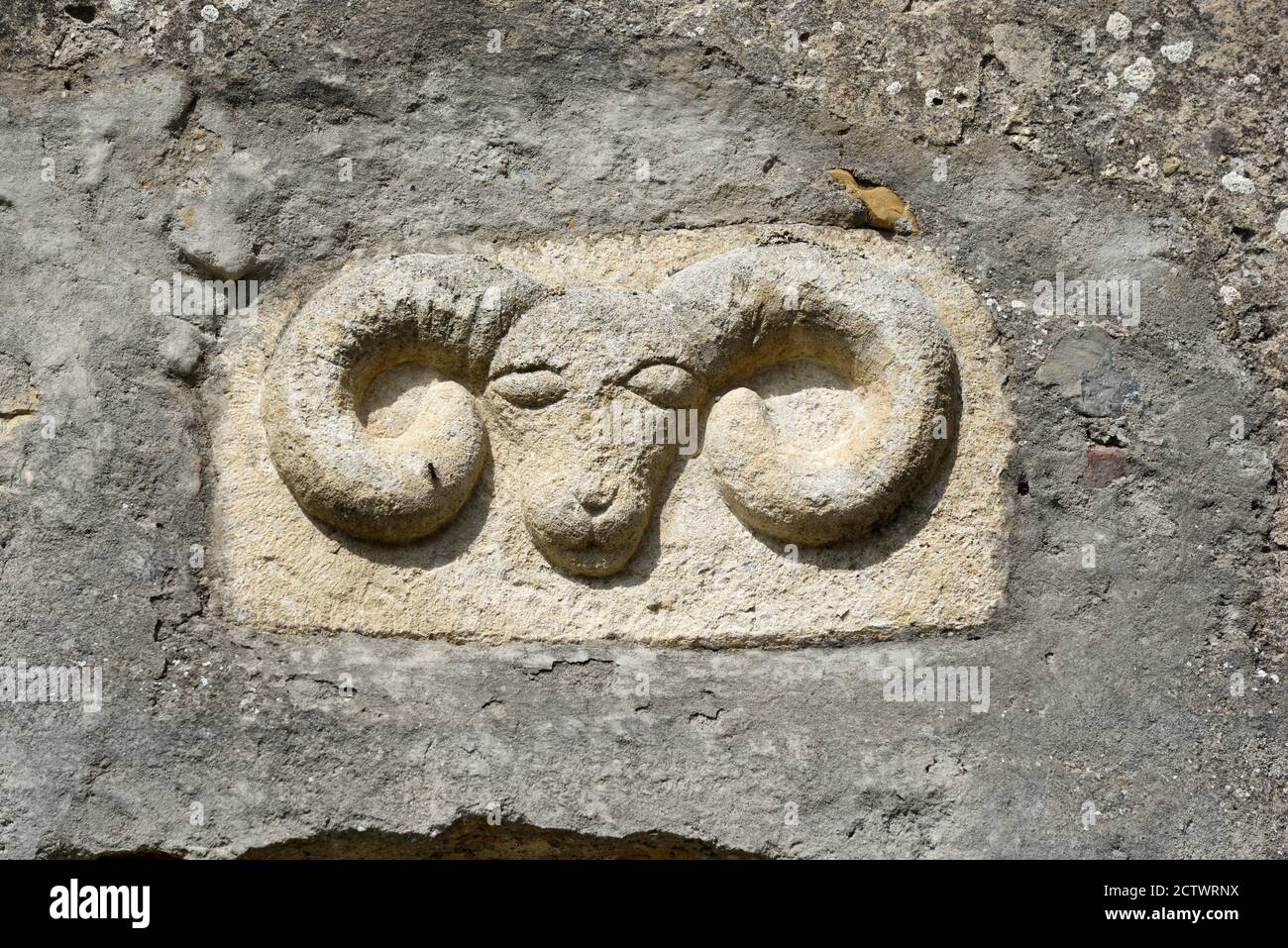 Scultura di pietra della testa di RAM e dei corni sulla Chiesa in Il Vecchio Villaggio di Bras d'asse Alpes-de-Haute-Provence Francia Foto Stock