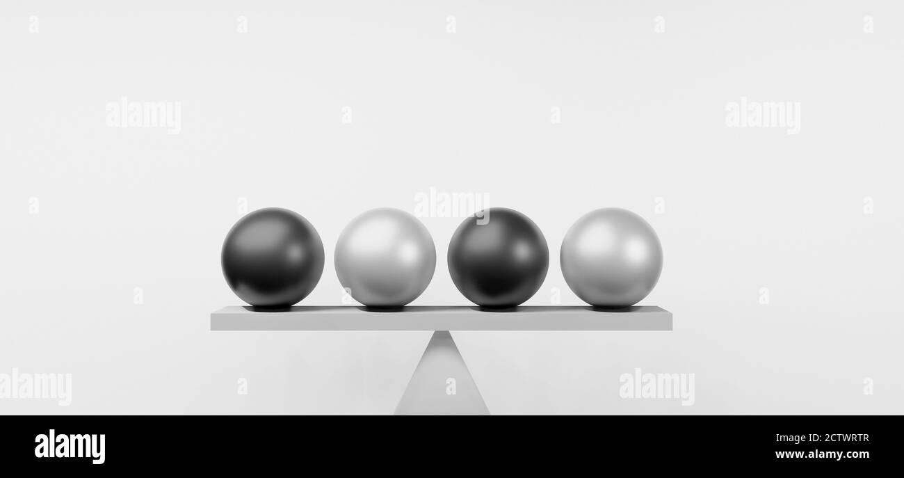 Trovare equilibrio, uguaglianza, concetto di stabilità con libra, scala, palline o globi in interni realistici studio, 3D rendering illustrazione sfondo Foto Stock