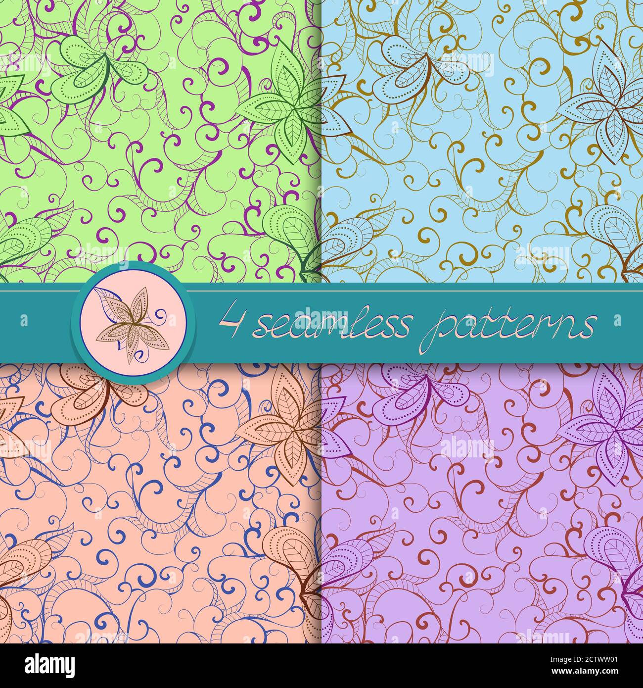 Serie vettoriale di motivi senza cuciture con elementi floreali. Collezione di motivi in verde, blu, viola e rosa chiaro. Illustrazione Vettoriale