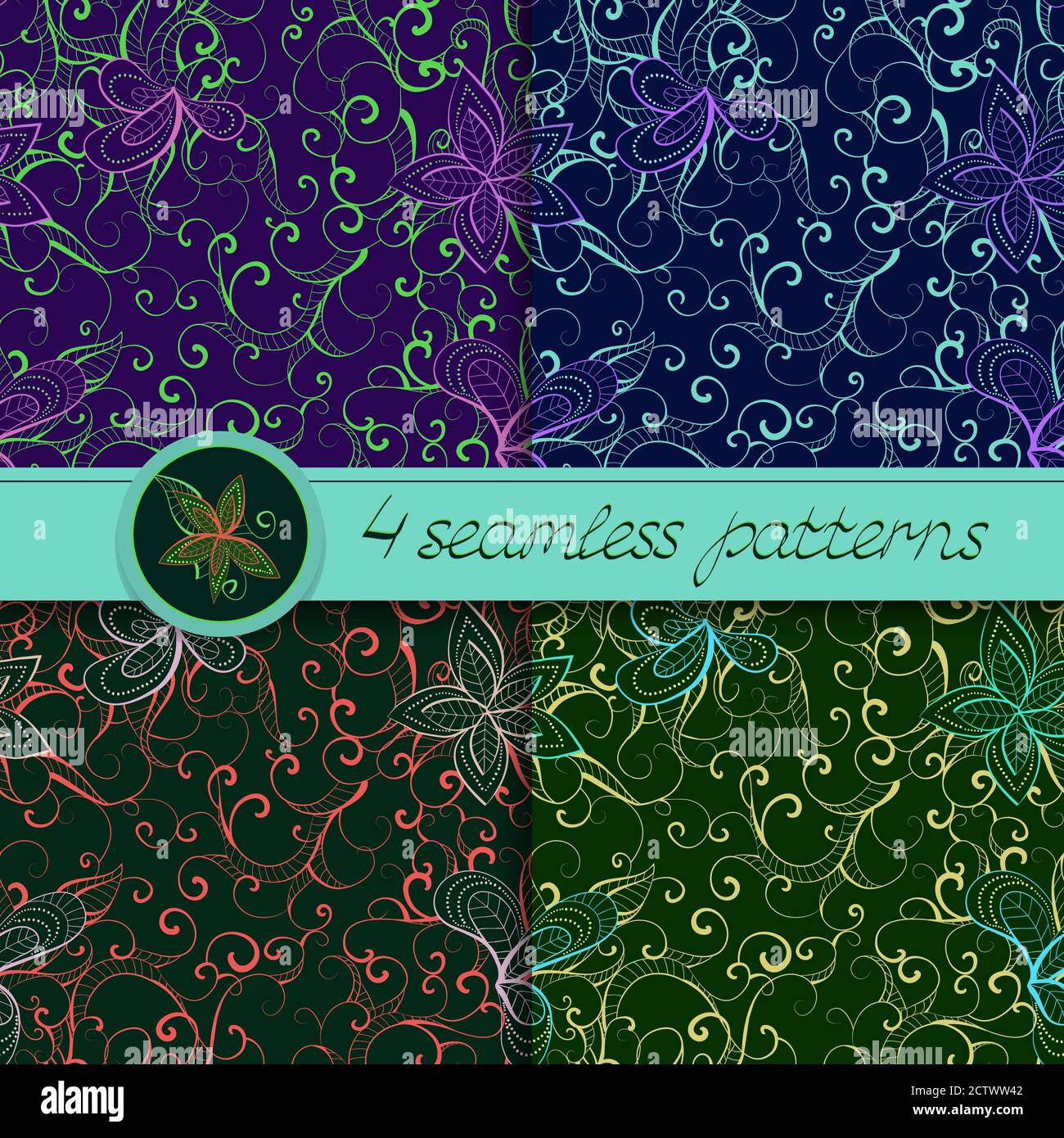Serie vettoriale di motivi senza cuciture con elementi floreali. Collezione di motivi in verde, blu e viola. Illustrazione Vettoriale