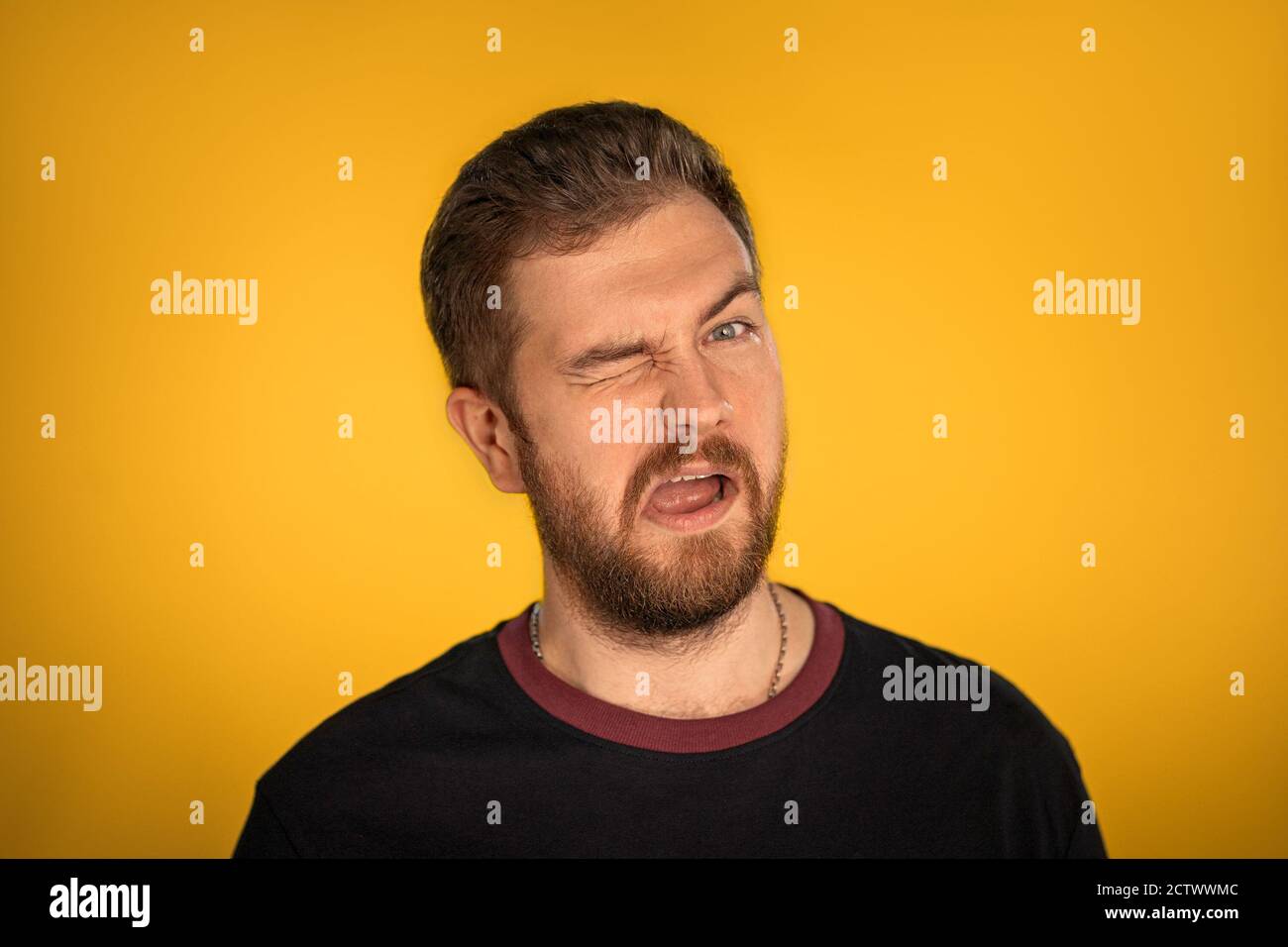 Giovane ragazzo con una barba si inala alla macchina fotografica e mostra la sua lingua. Sfondo isolato giallo nello studio. Foto di alta qualità Foto Stock