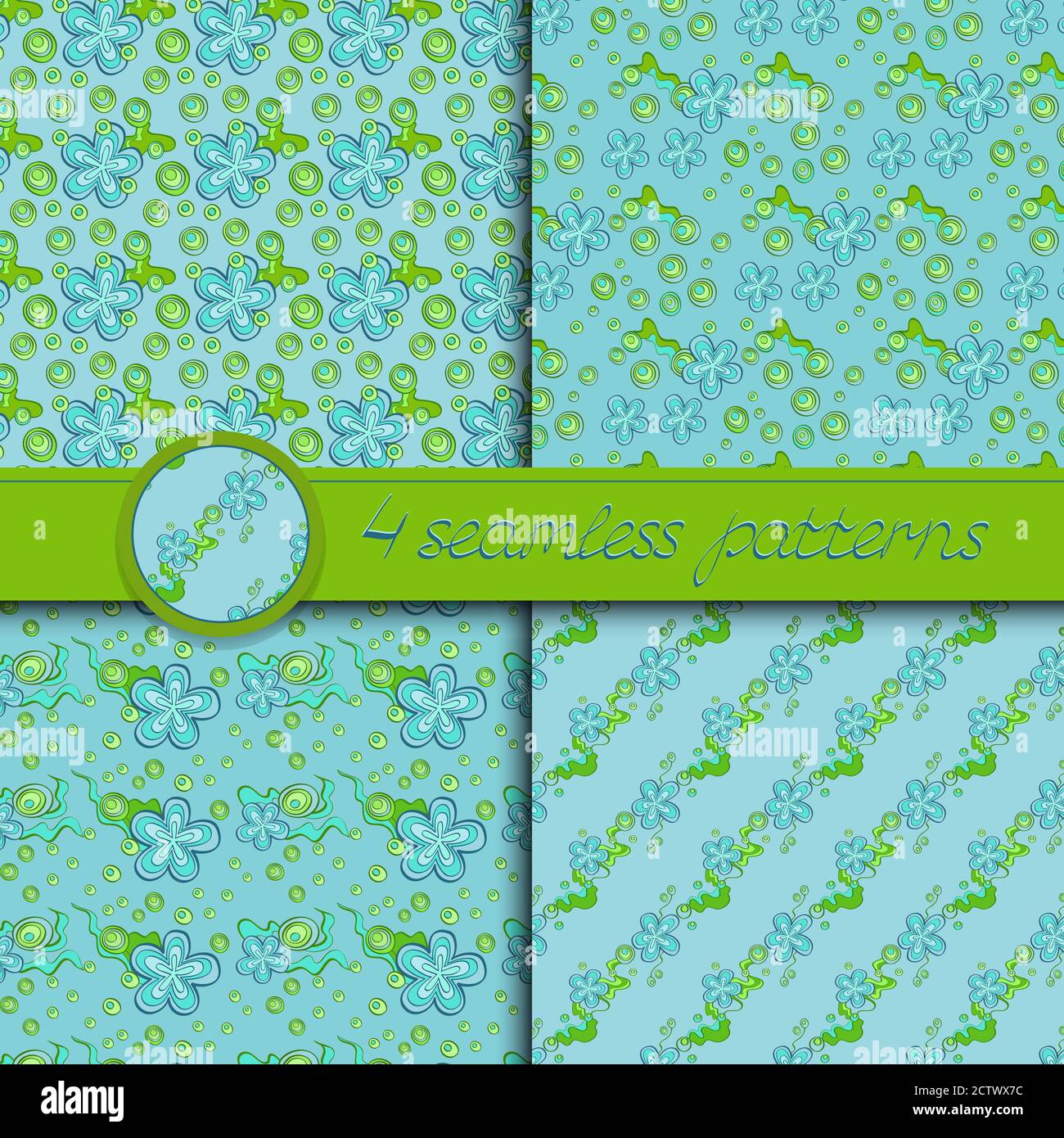 Serie vettoriale di motivi senza cuciture con elementi floreali. Collezione di motivi in verde e blu chiaro. Illustrazione Vettoriale