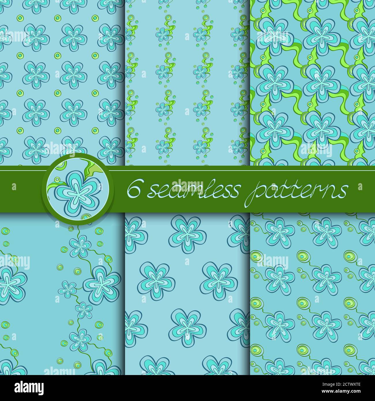 Serie vettoriale di motivi senza cuciture con elementi floreali. Collezione di motivi in blu chiaro e verde. Illustrazione Vettoriale