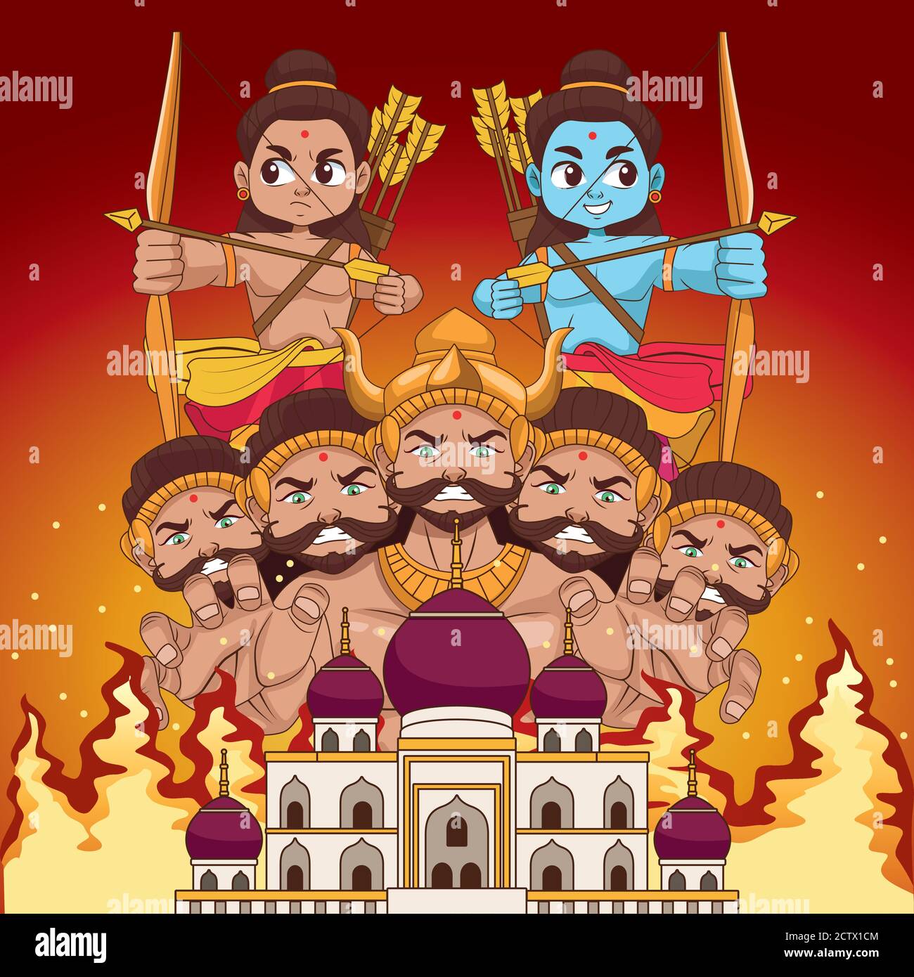 manifesto happy dussehra con due rama e dieci teste ravana in moschea costruzione disegno vettoriale illustrazione Illustrazione Vettoriale