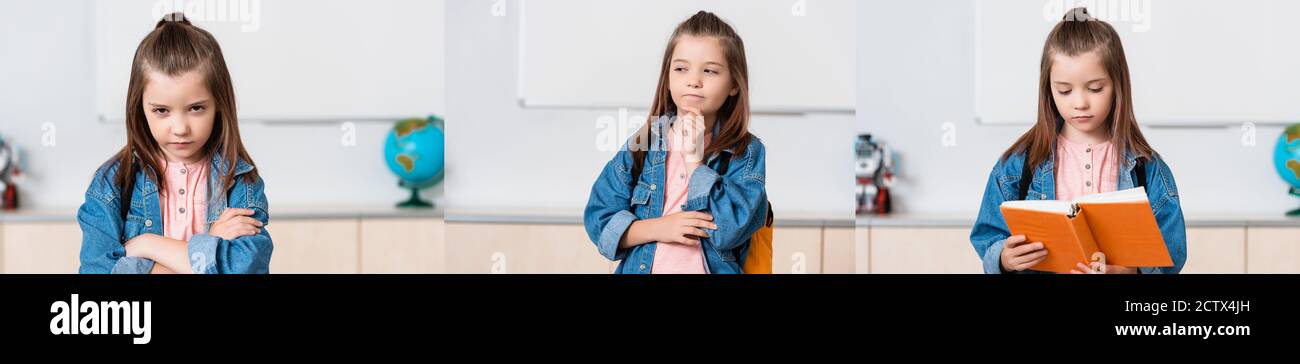 Collage di studentessa sognante e sicura che tiene il libro in classe Foto Stock
