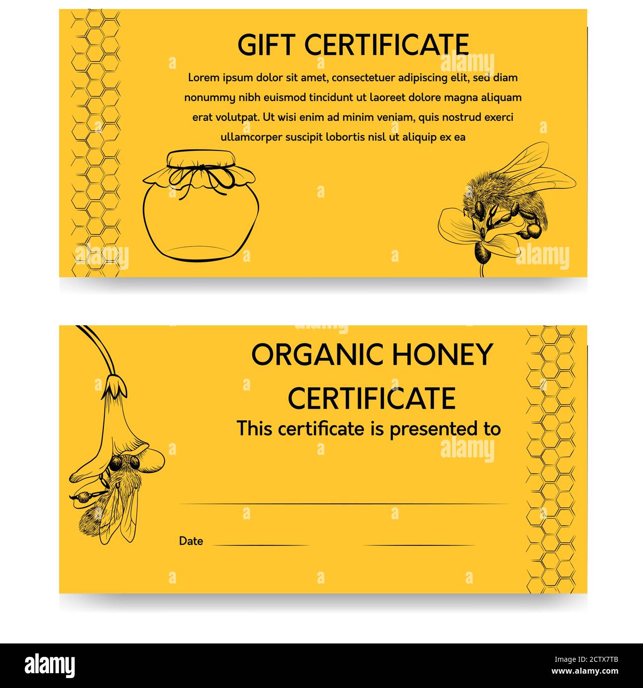 Design del certificato regalo d'annata del miele, per il marchio e l'identità di apiary e apeepeeping. Illustrazioni in linea nera su sfondo arancione Illustrazione Vettoriale