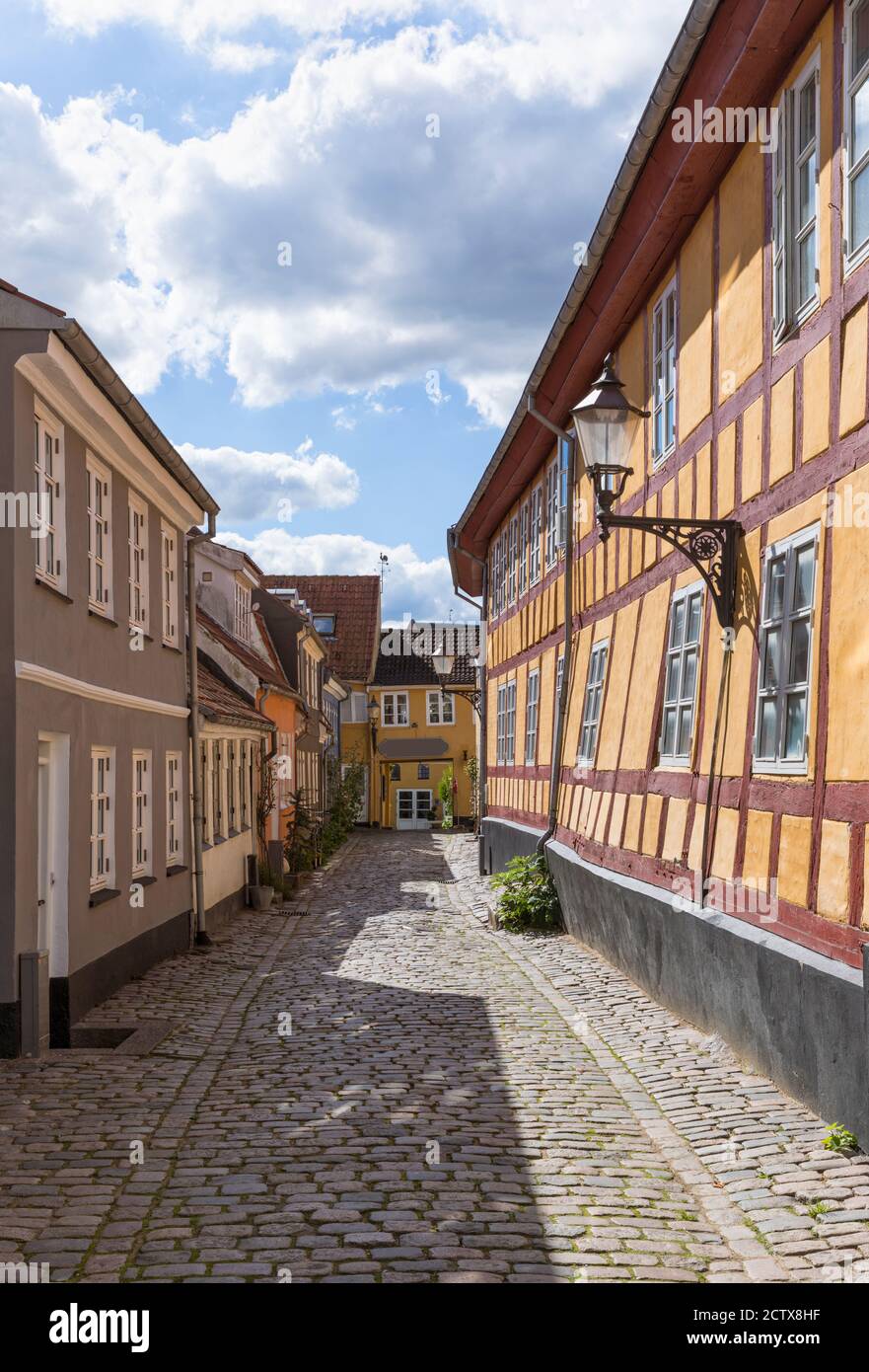 Case colorate inclinate su strade medievali acciottolate nel centro storico di Aalborg, Danimarca Foto Stock