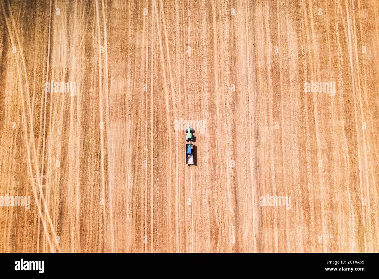 Trattore solitario in un campo di grano durante la mietitura in attesa della mietitrebbia. Vista dall'alto dell'antenna Foto Stock