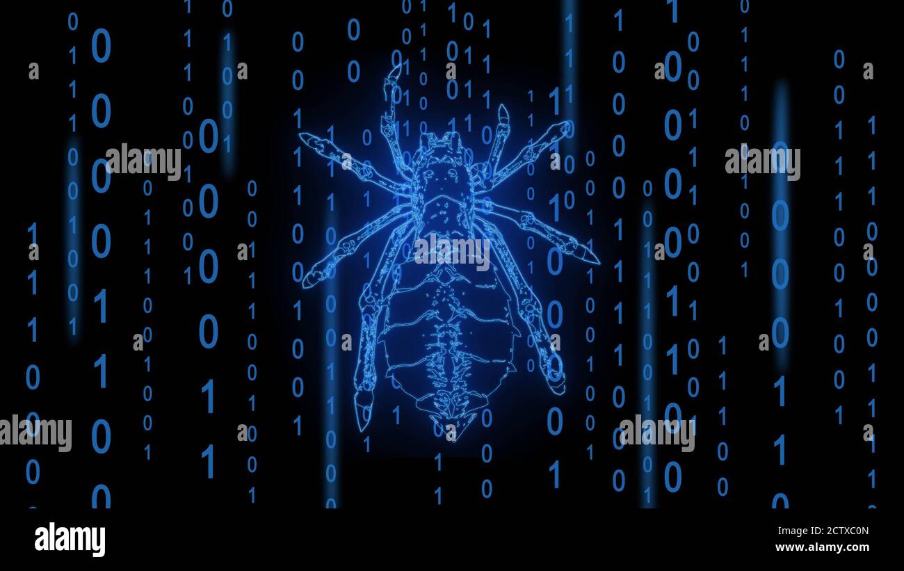 Pericoloso ragno blu brillante basso su sfondo codice binario - attacco hacker stilizzato in stile matrice Foto Stock