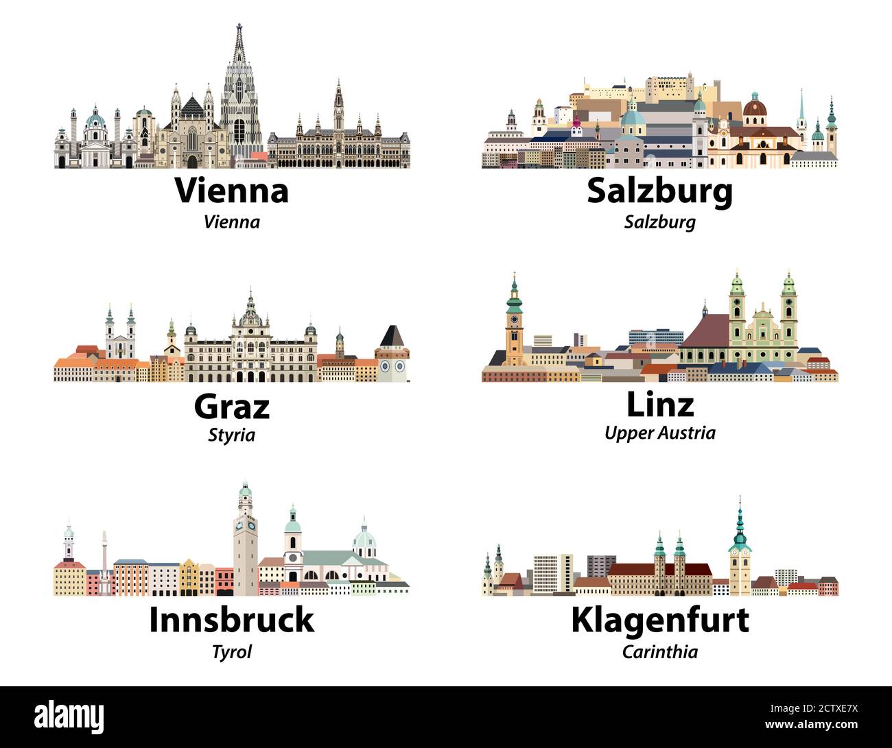 Austria principali città skylines vettore icone isolate Illustrazione Vettoriale