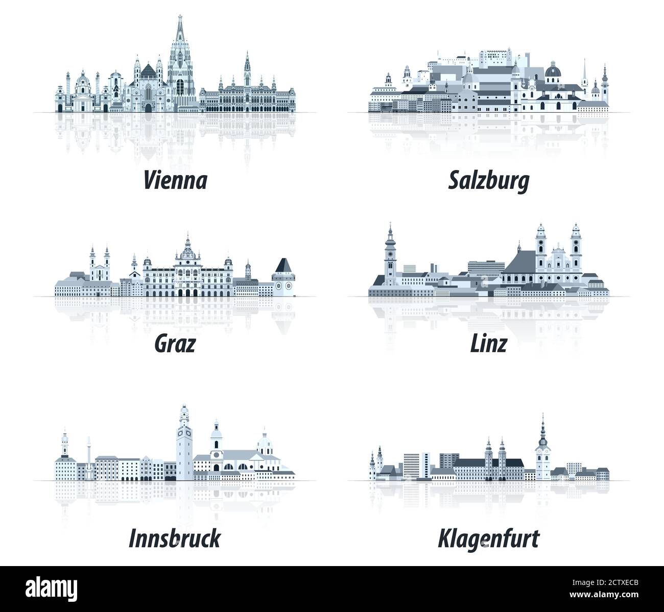 Città austriache astratte le icone dei paesaggi urbani in tinte di colore blu tavolozza Illustrazione Vettoriale