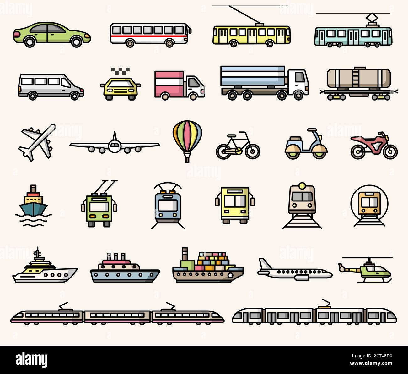 Icone di trasporto. Collezione di illustrazioni colorate in stile piatto isolate da vettori Illustrazione Vettoriale