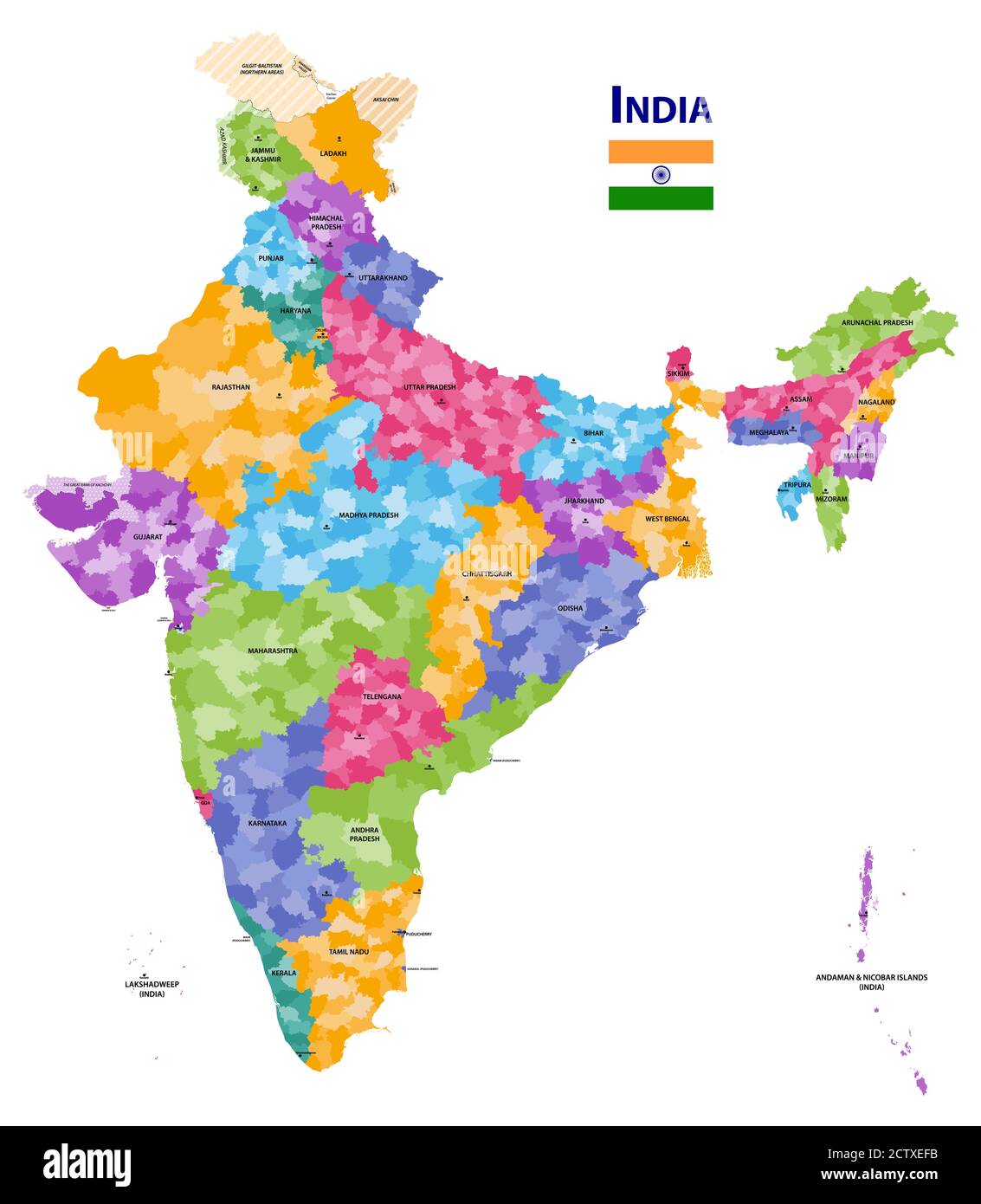 India mappa vettoriale dettagliata che mostra i confini degli stati e dei distretti con i nomi e le capitali degli stati. Bandiera dell'India Illustrazione Vettoriale
