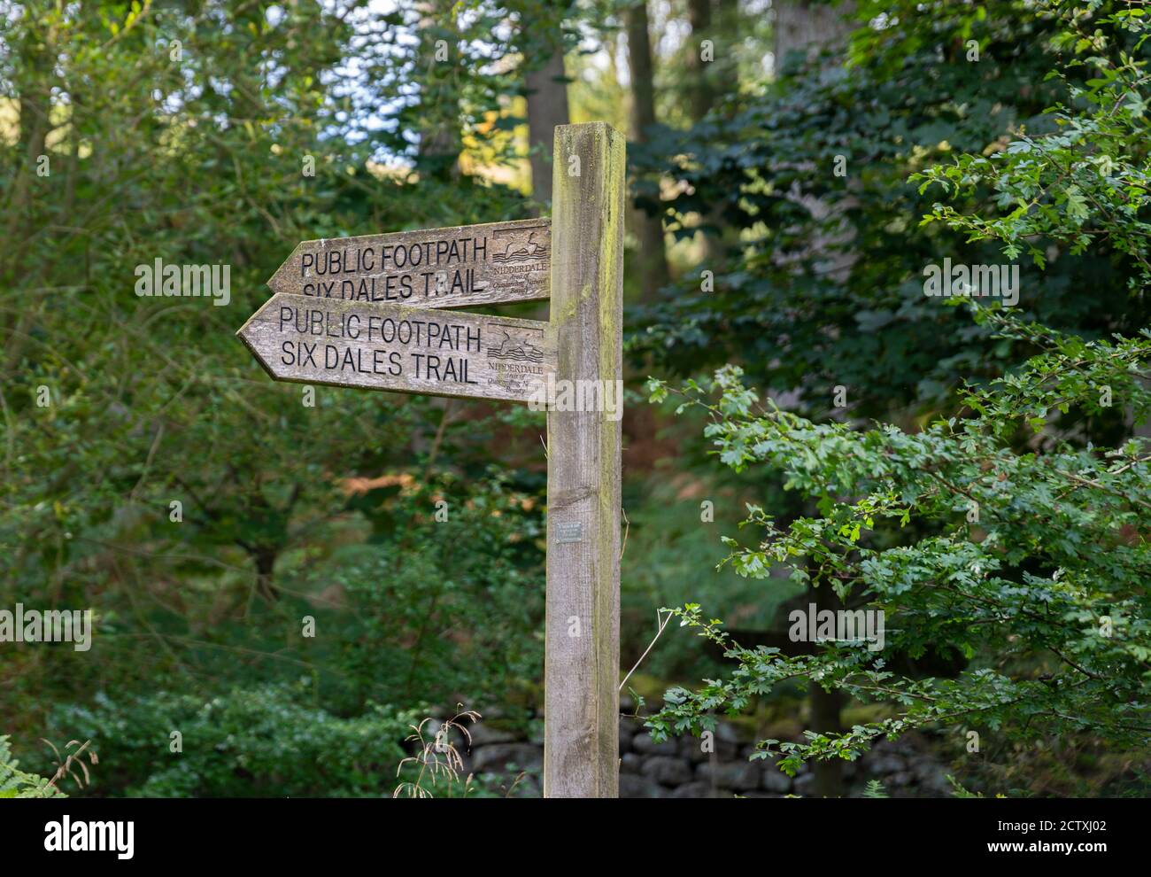 Sentiero pubblico segno Six Dales Trail, Yorkshire Dales, Inghilterra, Regno Unito Foto Stock