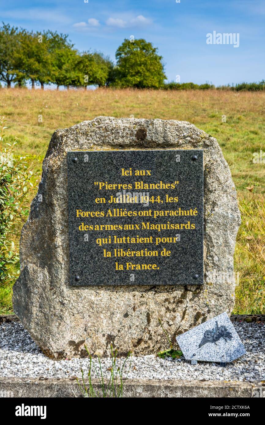 Memoriale alle forze alleate che paracadutano i combattenti della resistenza nella Francia centrale durante la seconda guerra mondiale - Creuse (23), Francia. Foto Stock