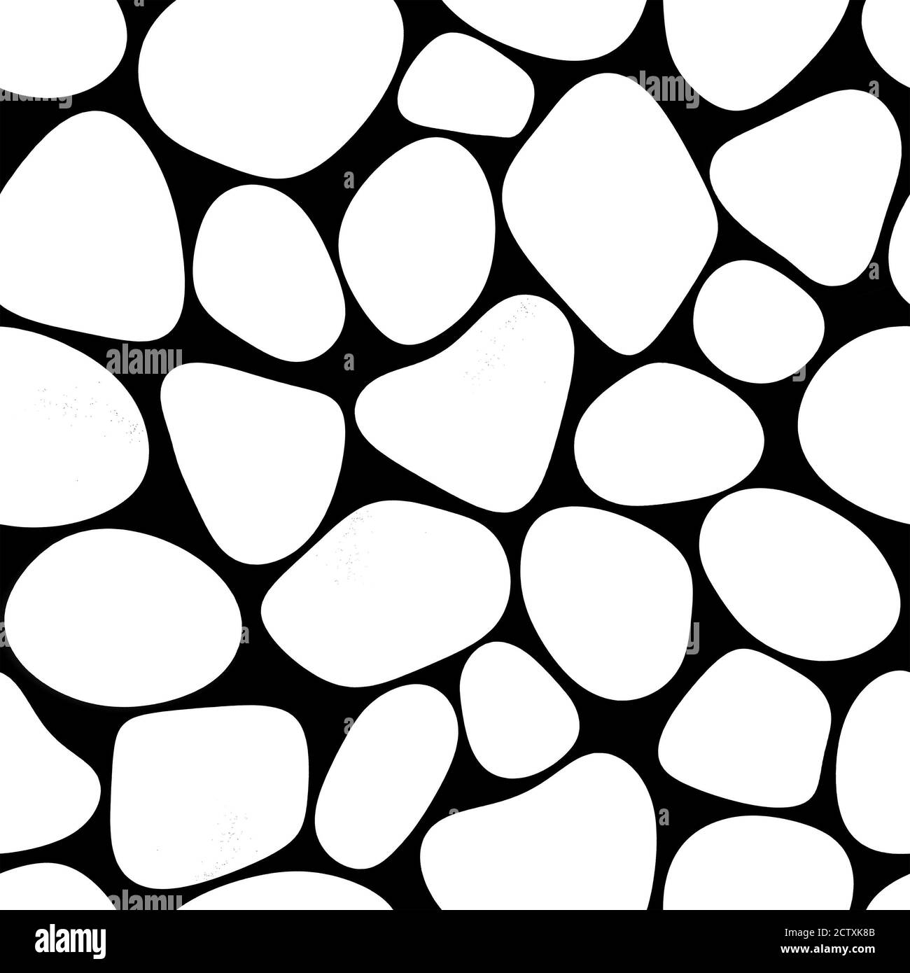 Motivo senza cuciture di forme in pietra di colore bianco elementi isolati su sfondo nero. Bianco e nero disegnati a mano astratti rocce illustrazione texture arte Foto Stock