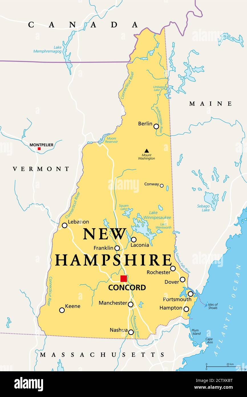 New Hampshire, NH, mappa politica, con la capitale Concord. Stato nella