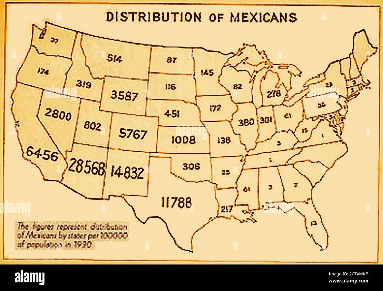Una mappa storica diagam che mostra il numero e la distribuzione dei messicani in ogni stato d'America nel 1930. Foto Stock