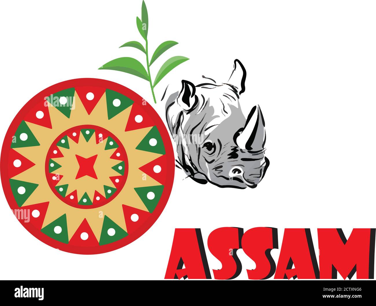 orgoglio di assam, japi/ jaapi , rinoceronte e pianta da tè in questa foto o questo è un logo assam. Illustrazione Vettoriale