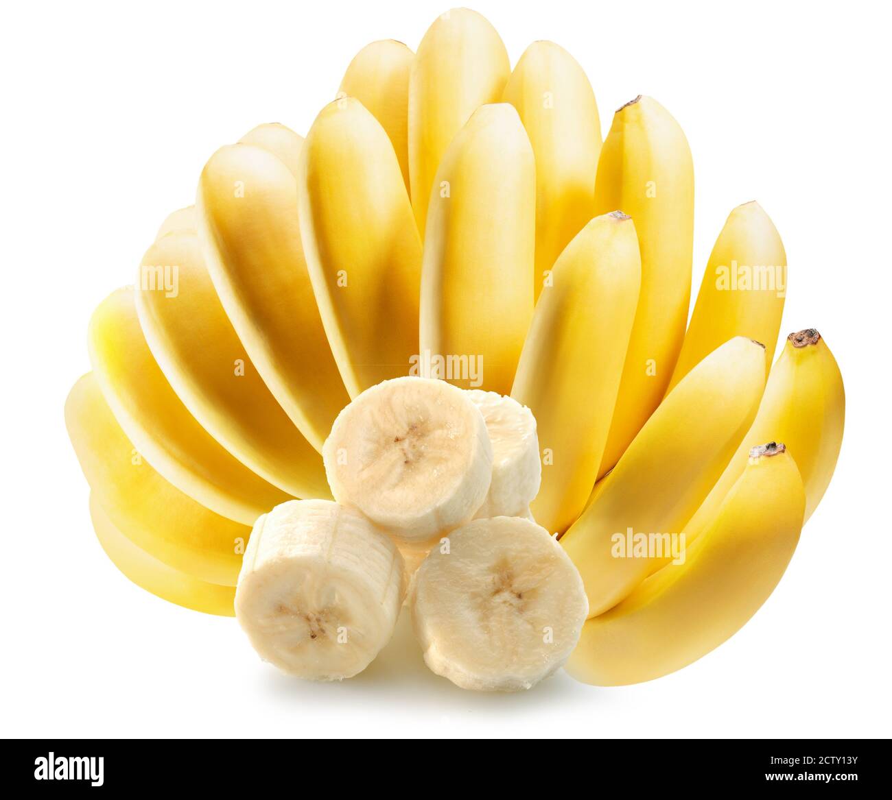 ramo di banana con fette di banana isolate su sfondo bianco. Foto Stock