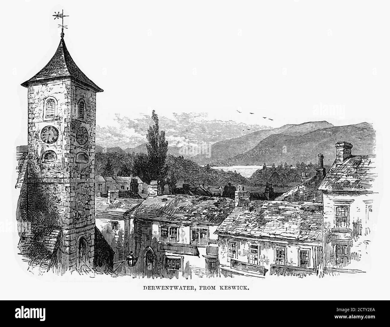 Derwent Water da Keswick, Inghilterra Victorian Engraving, 1840 Foto Stock