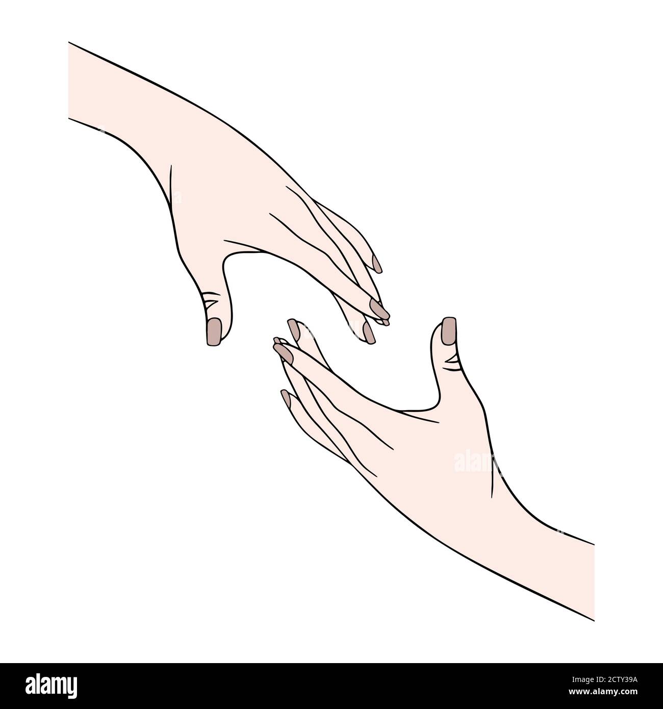 Due mani si raggiungono l'una verso l'altra. Illustrazione del concetto vettoriale. Fiducia, aiuto, insieme, segno di cura. Illustrazione Vettoriale