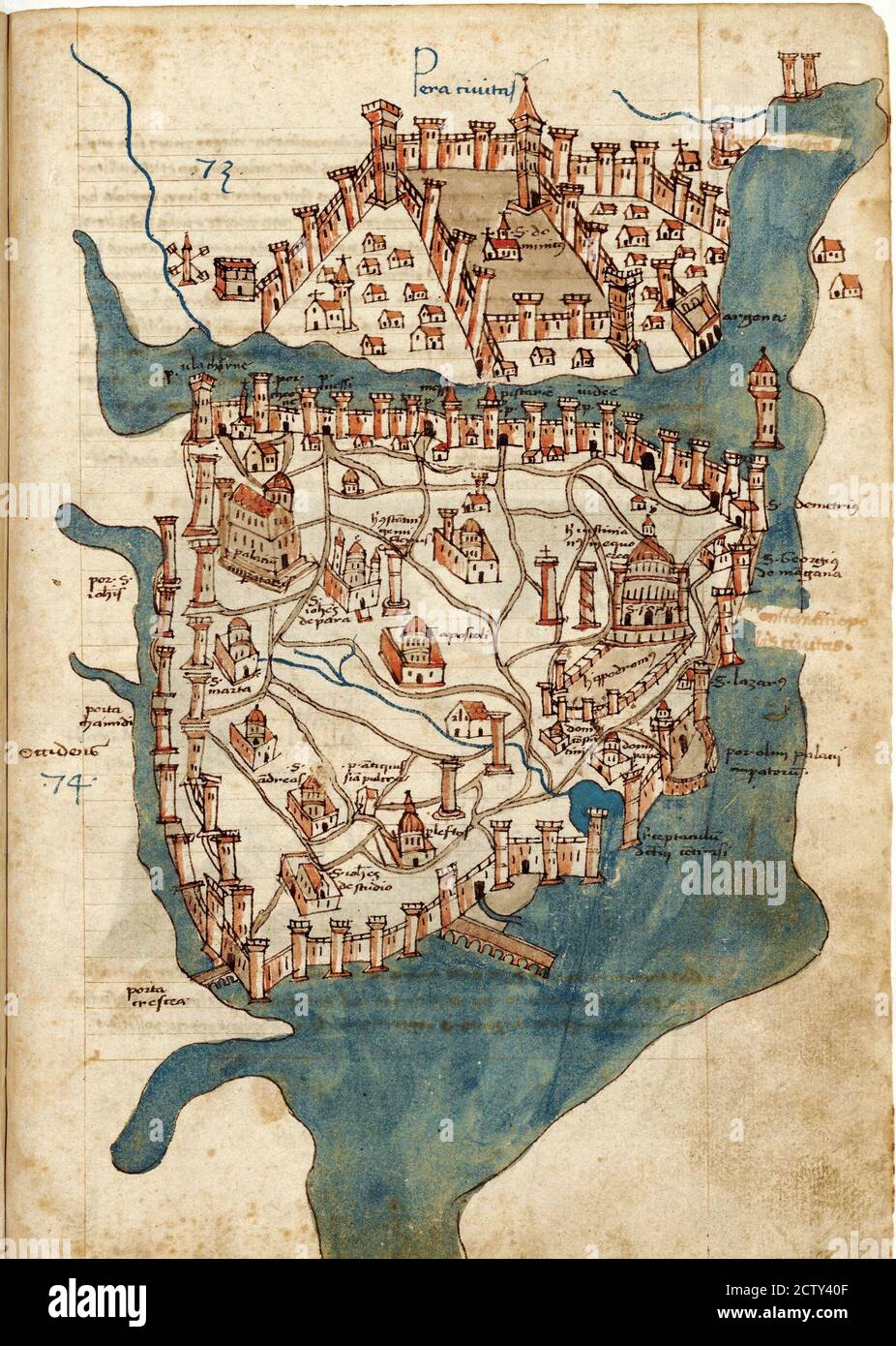 Antica mappa della città di Costantinopoli dal raro libro di Cristoforo Buondelmonti stampato nel 1475. Vecchia pagina cartacea con immagine di Costantinopoli, capitale di Foto Stock