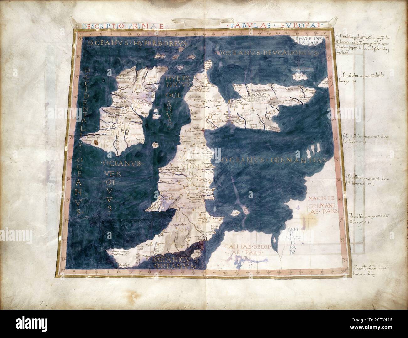 La Gran Bretagna vecchia mappa dal raro libro medievale Geografia di Claudius Tolomeo pubblicato nel 1480. Dettaglio della mappa del mondo antico d'epoca da vicino. Concetto di ant Foto Stock