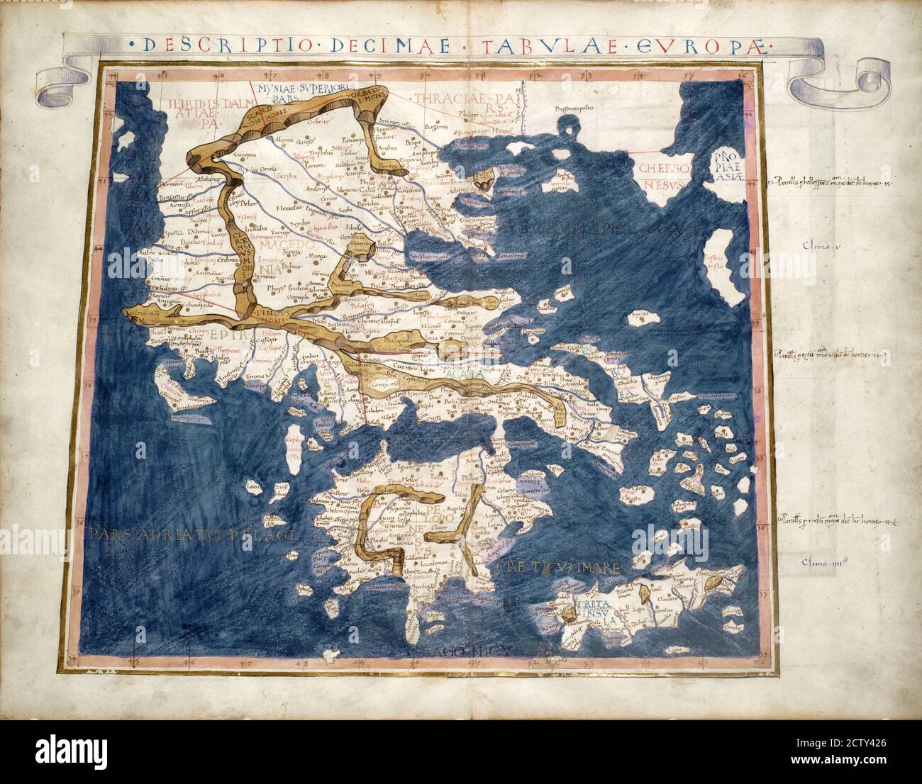 Grecia vecchia mappa dal raro libro medievale Geografia di Claudius Tolomeo pubblicato nel 1480. Dettaglio della mappa del mondo antico d'epoca da vicino. Concetto di antiq Foto Stock