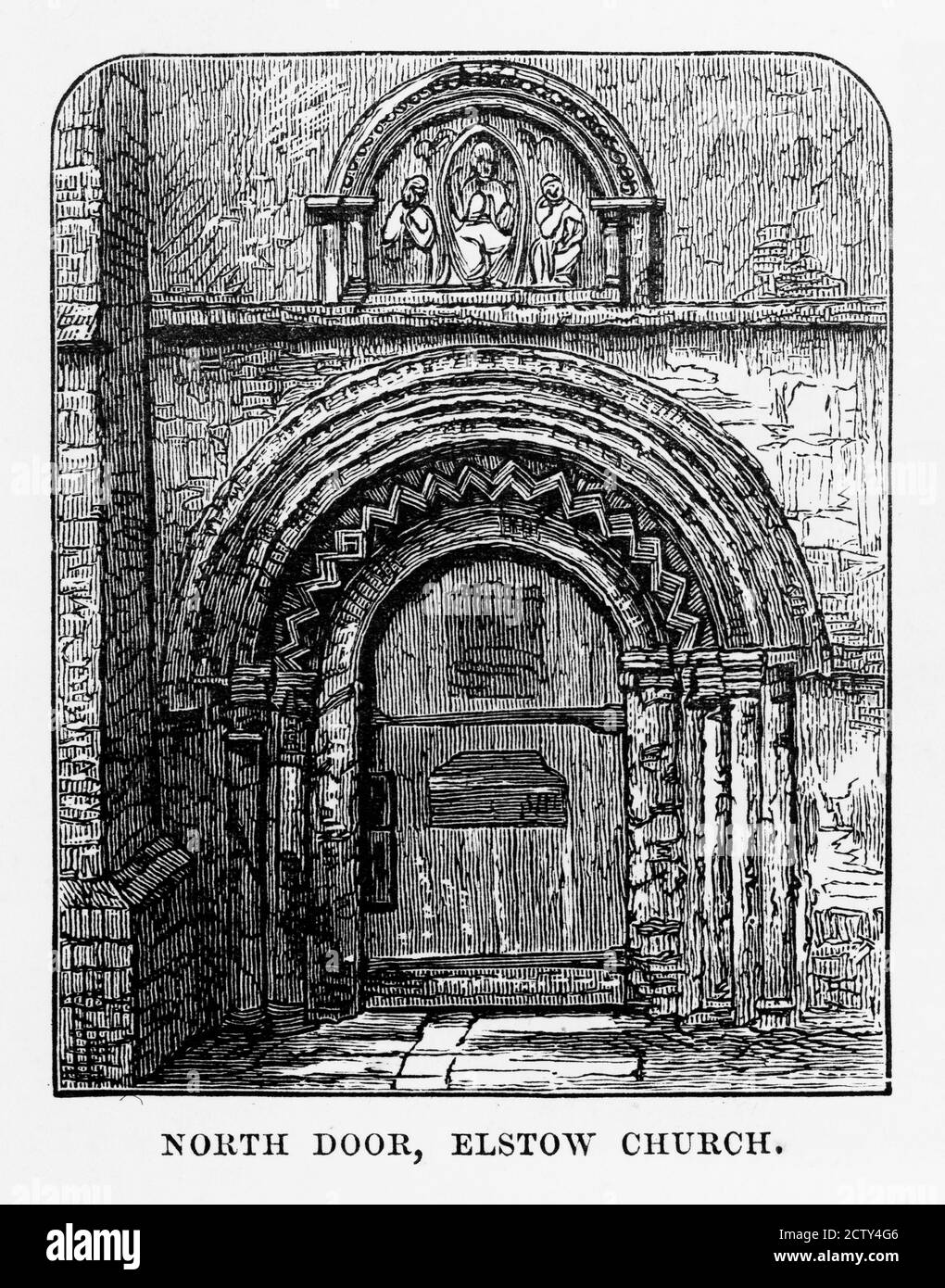North Door of Elstow Church, Bedford, England Victorian Engraving, 1840 Foto Stock