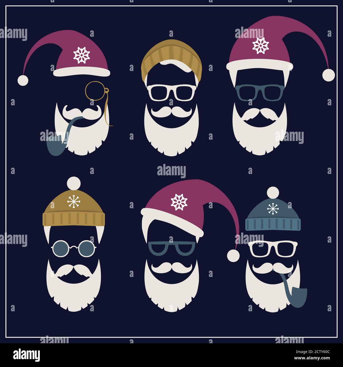 Serie vettoriale di volti con cappelli Santa, baffi e barbe. Vari doodles Natale elementi di design Santa. Icone delle festività Illustrazione Vettoriale