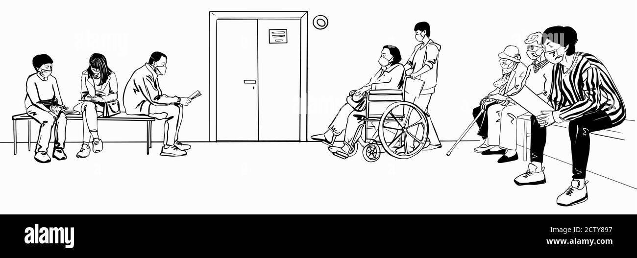 Pazienti seduti in attesa appuntamento all'ospedale malattia persone che indossano maschere di protezione. Illustrazione del vettore di schizzo linea nera disegnata a mano Illustrazione Vettoriale