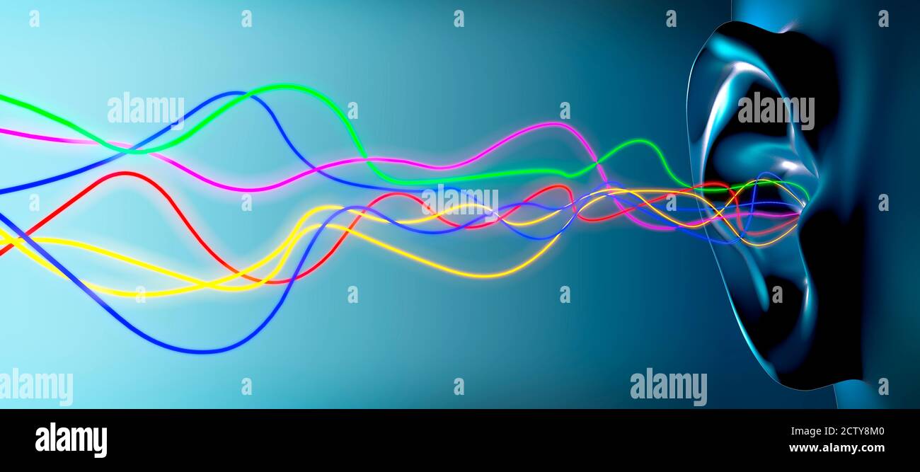 Orecchio umano con vibrazioni in entrata di frequenze diverse, illustrazione 3d. Foto Stock