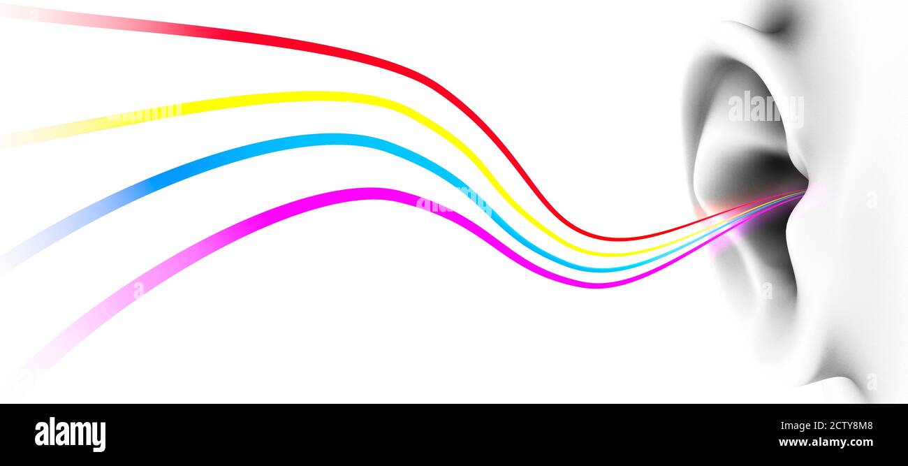 Orecchio umano con vibrazioni in entrata di frequenze diverse, illustrazione 3d. Foto Stock