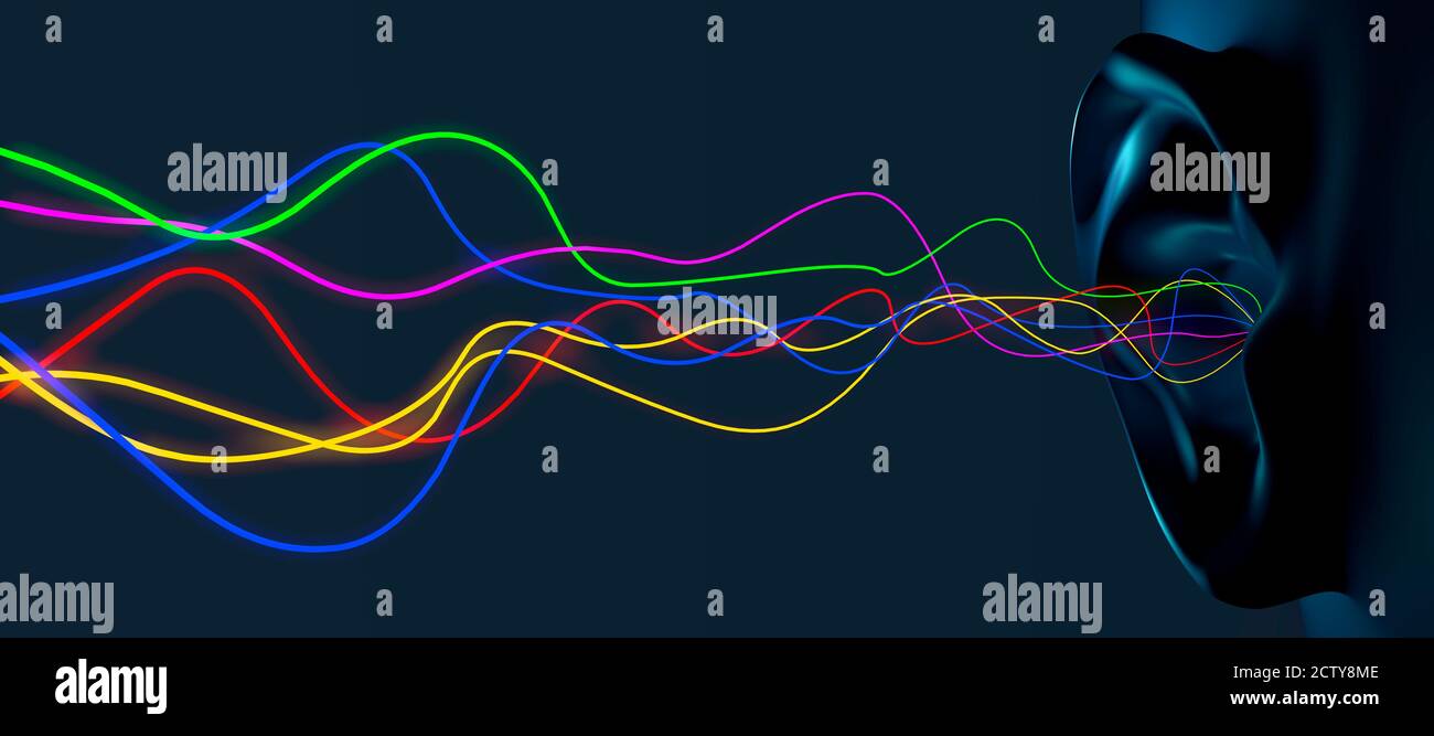 Orecchio umano con vibrazioni in entrata di frequenze diverse, illustrazione 3d. Foto Stock