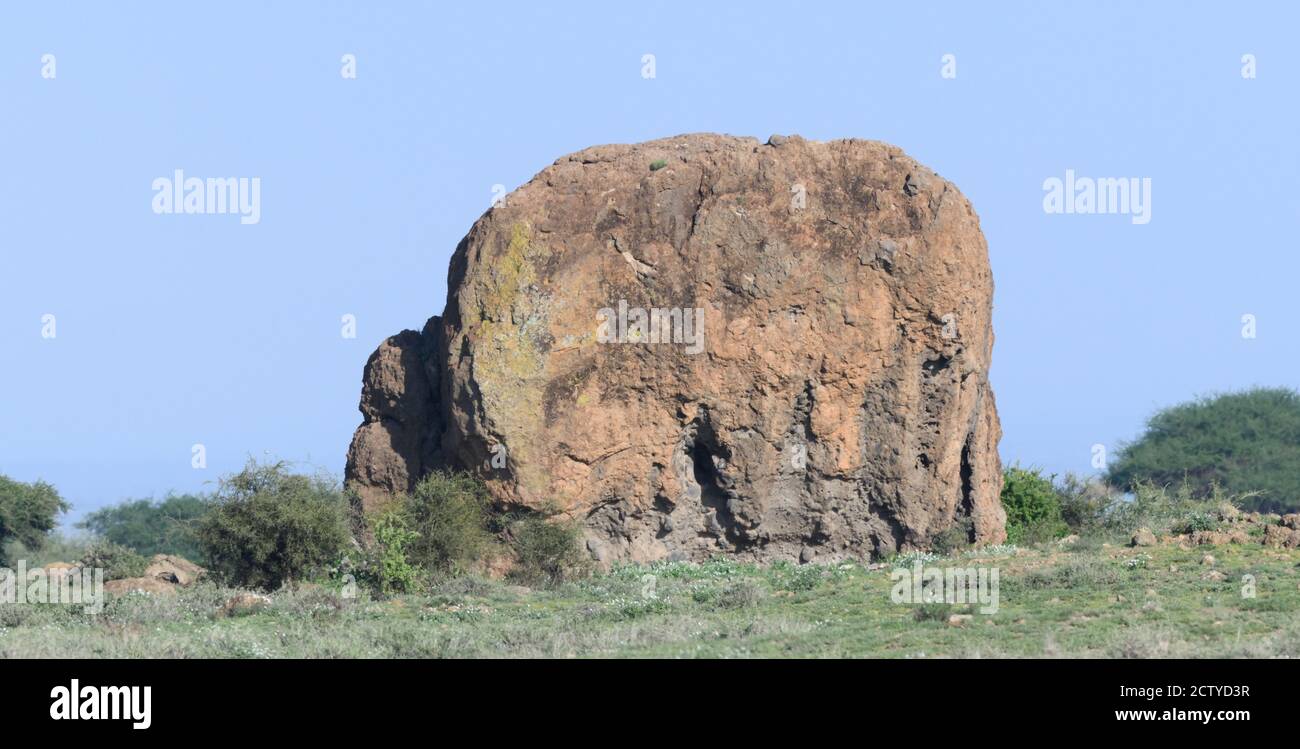 Kruger Rock, un utile punto di riferimento in un terreno altrimenti pianeggiante e senza prodezze. Sinya Wildlife Management Area, Tanzania. Foto Stock