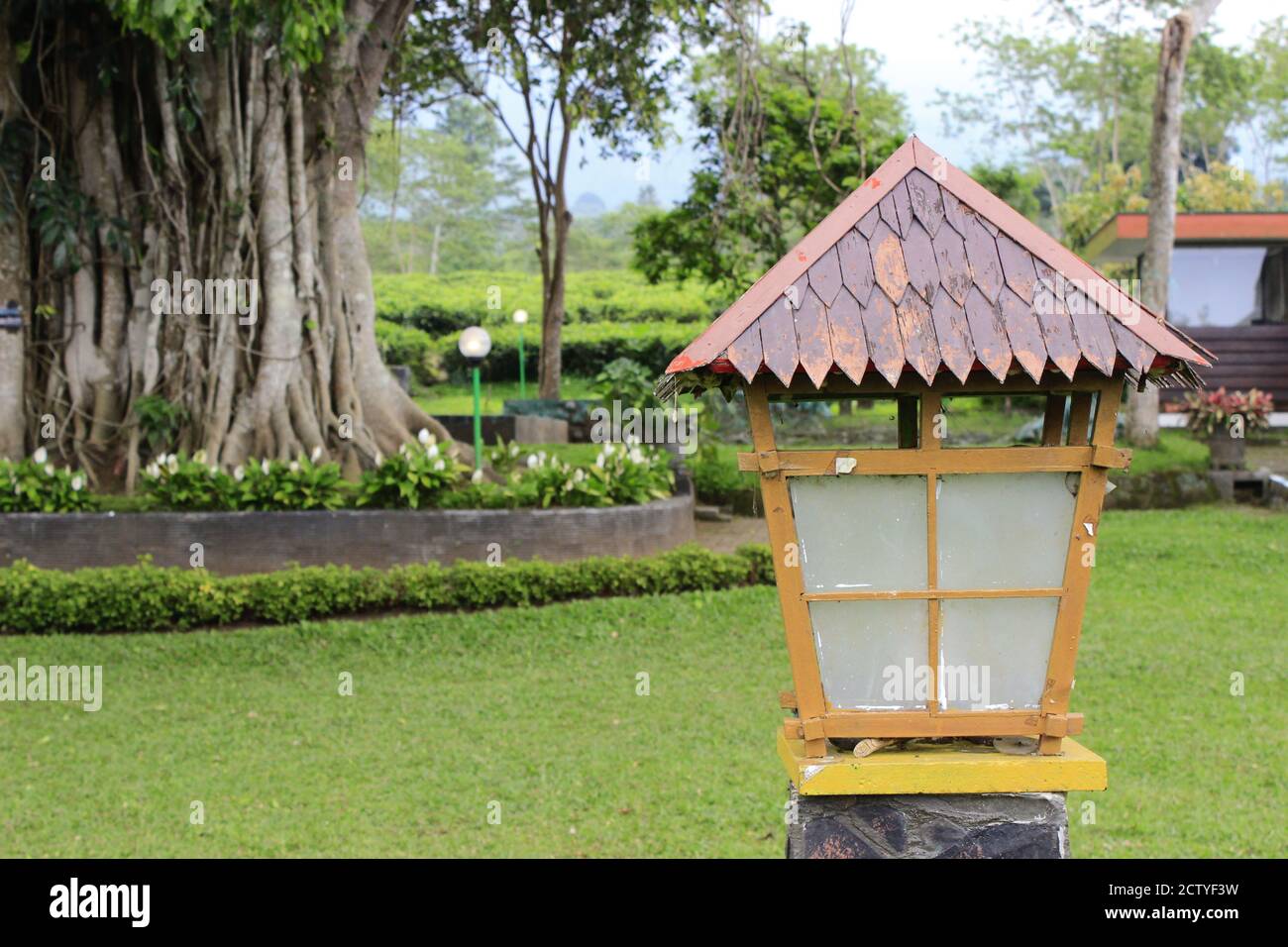 Unico Lampshade tradizionale in Giardino con albero e giardino di fondo Foto Stock
