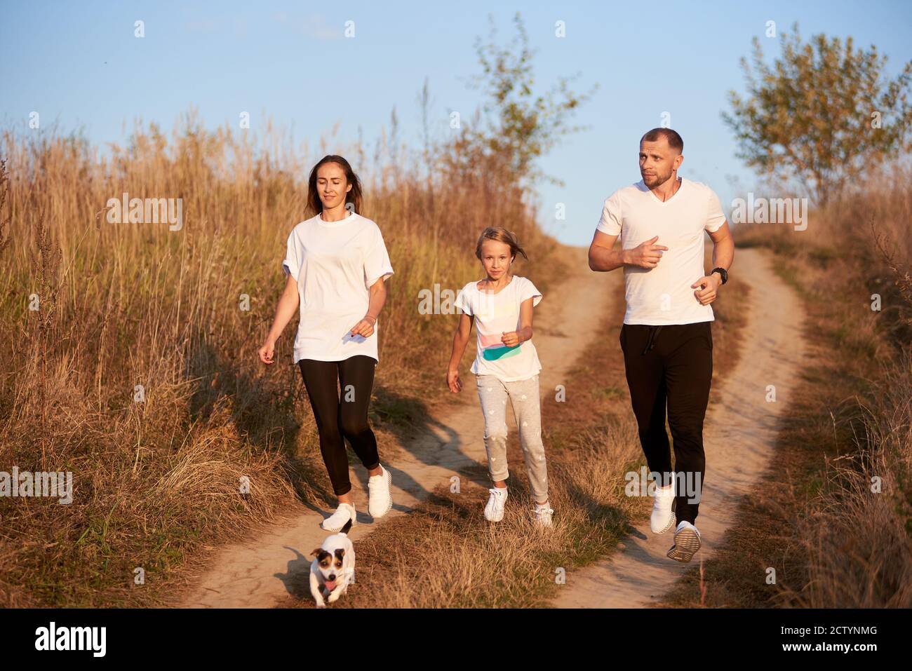 Vista frontale di una famiglia giovane e sana - uomo, donna e ragazza che fanno jogging con il loro jack russell terrier, fuori città, sulla strada del villaggio sul sole che tramonta Foto Stock