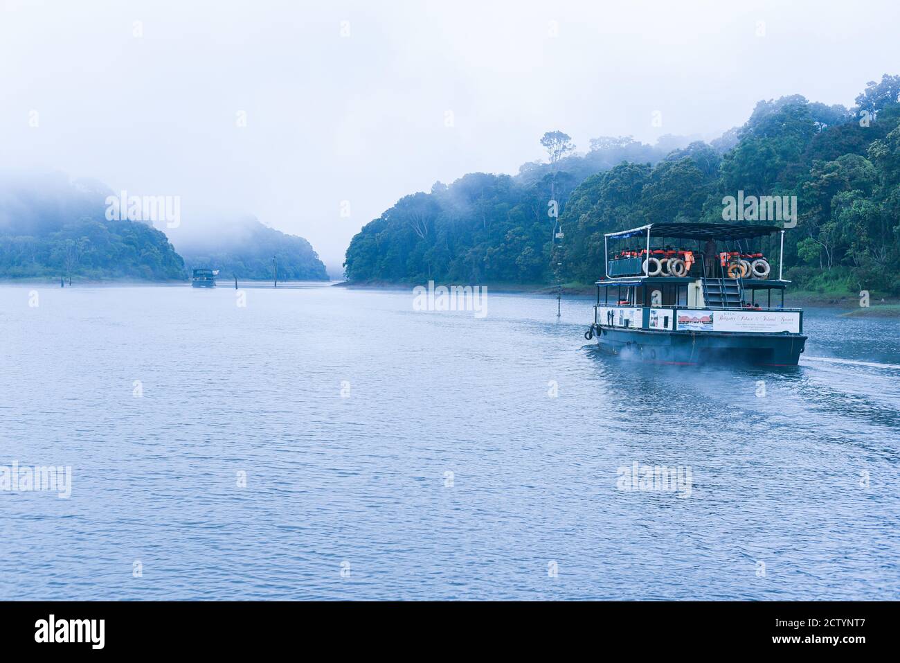 Safari in barca nel lago nebbioso o fiume nebbia in una mattina invernale nella foresta o nella giungla selvaggia. Foto scattata dalla barca. Fauna selvatica indiana. Parco nazionale Foto Stock
