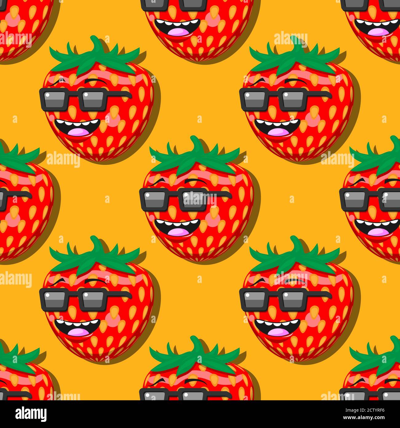 disegno di cartoni animati di fragola senza cuciture con i bicchieri sorridono su sfondo arancione. Immagine vettoriale Illustrazione Vettoriale